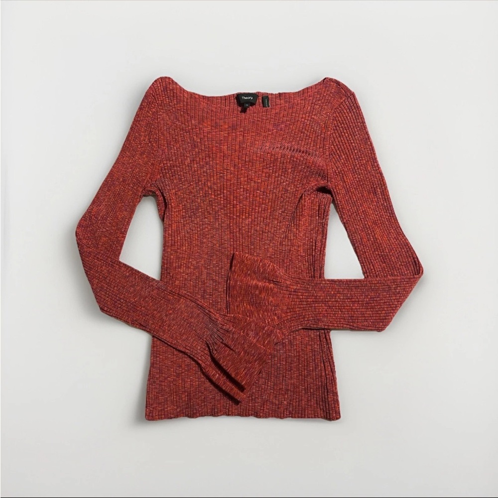 Theory Cabled Print Ribbed Boat Neck Sweater Top SUNSET MULTI Size M - Picture 7 of 11